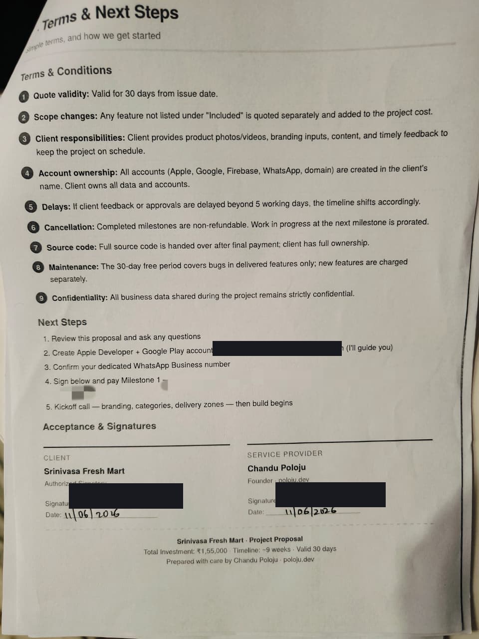 Signed project agreement dated 11 June 2026 between Srinivasa Fresh Mart and Chandu Poloju, showing terms and conditions clauses 1 to 9, the next steps, and the acceptance and signatures block with both dates.
